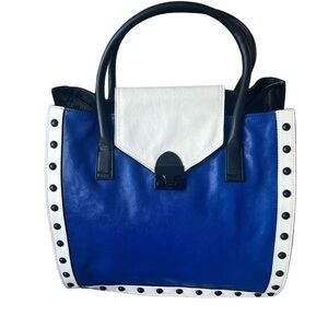 Loeffler Randall- Colorblock top handle tote. Cobalt, Black and White.
